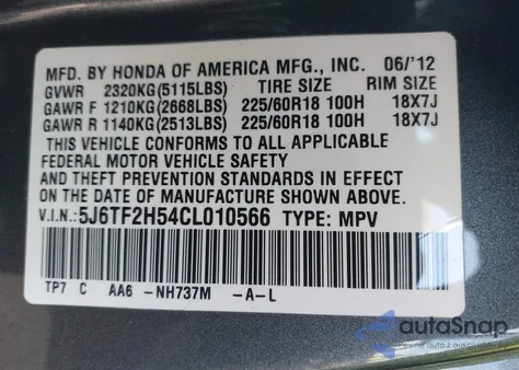 2012 Honda Crosstour Ex-L z USA, uszkodzony, nr VIN 5J6TF2H54CL010566